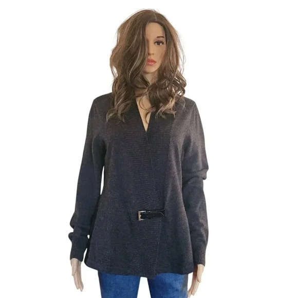 Carole Little 100% Merino Wool Sweater Gray Long Sleeve Buckle Size Large - Picture 1 of 8